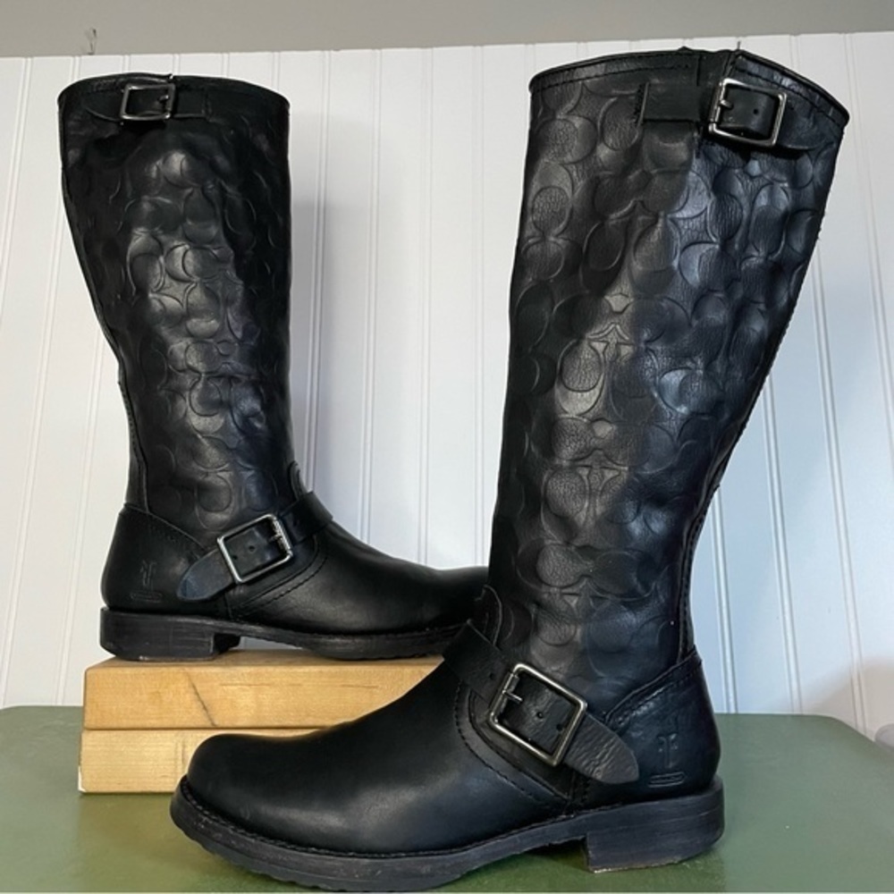 Frye x Coach Collab Knee Boots w Low Key Monogram/Logos - Picture 2 of 15